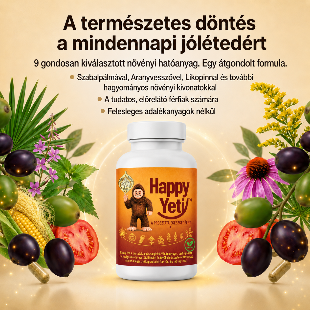 Szabalpálmát, közönséges aranyvesszőt, likopint, kisvirágú füzikét, kukorica bibét és bibeszálat, béta-szitoszterolt, Echinacea purpureát, E-vitamint és csalángyökeret tartalmaz