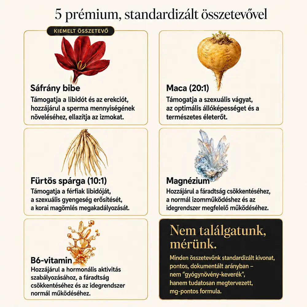 Long Love Saffron összetevői: sáfrány bibe, Maca, fürtös spárga, magnézium, B6-vitamin