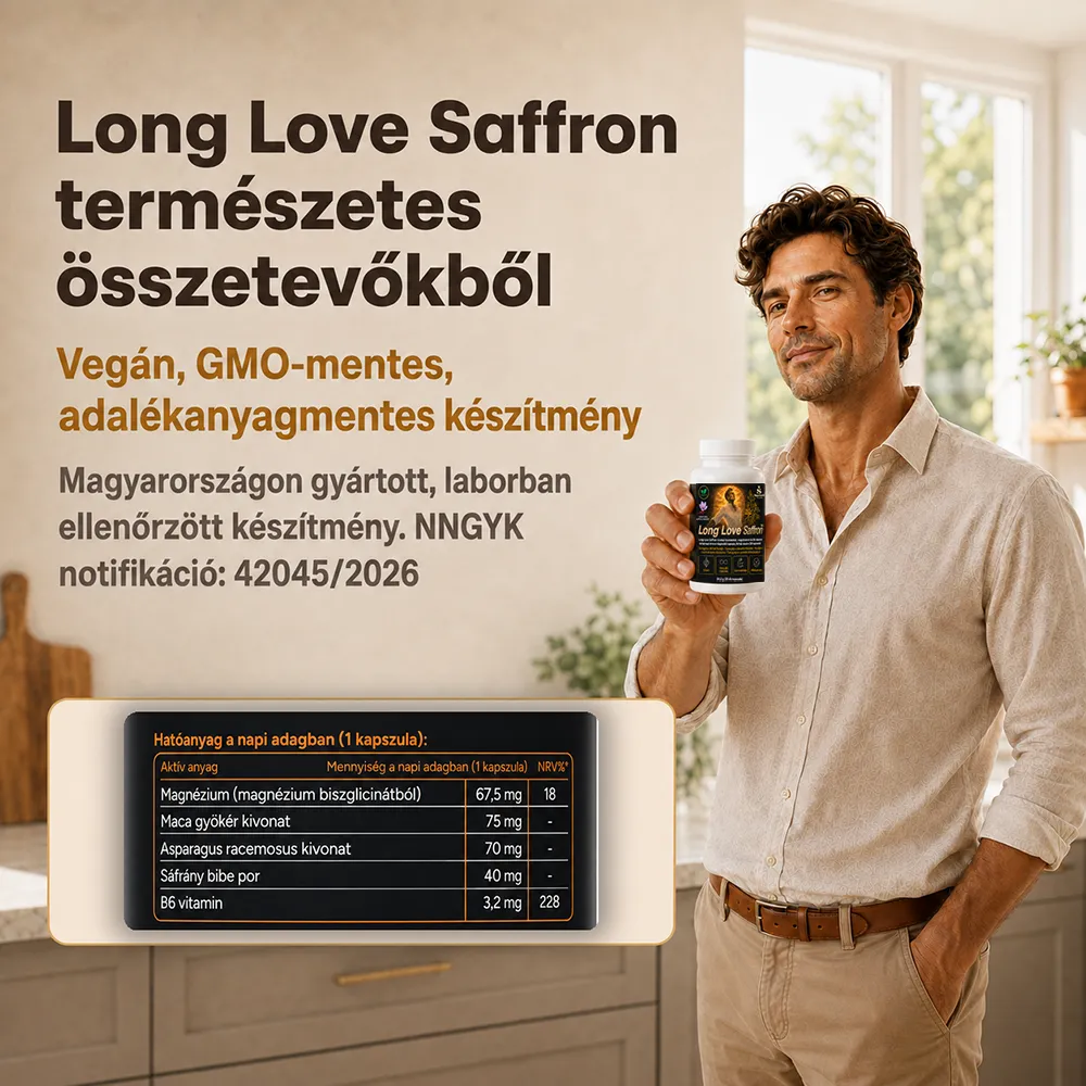 Long Love Saffron címke, hatóanyag-táblázat, vegán, GMO-mentes összetétel